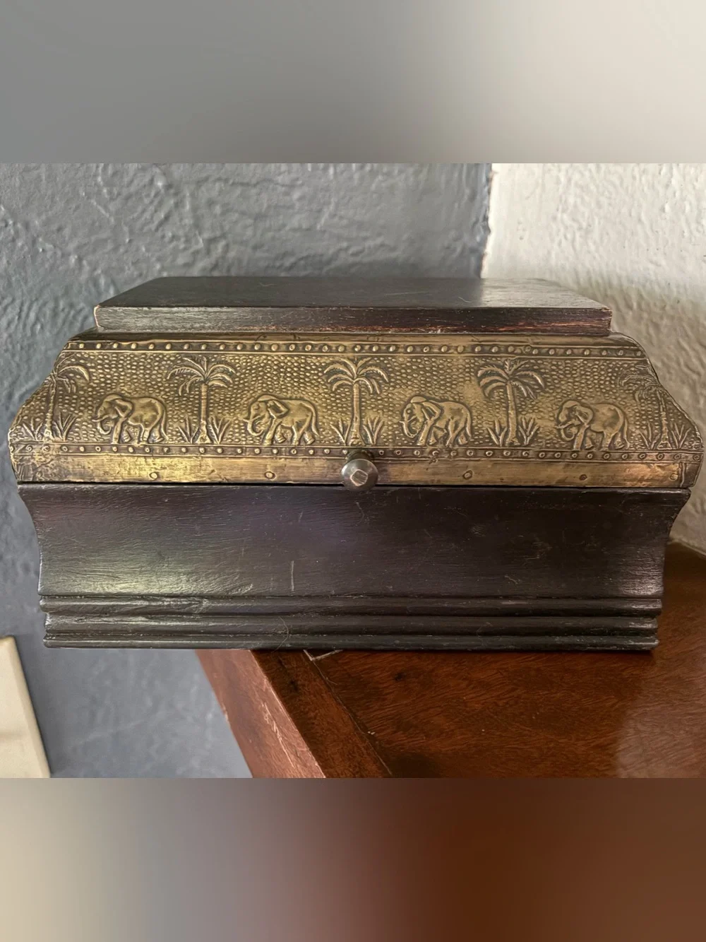 Vintage Style Wooden & Embossed Brass Elephant Trinket Jewelry Box - India